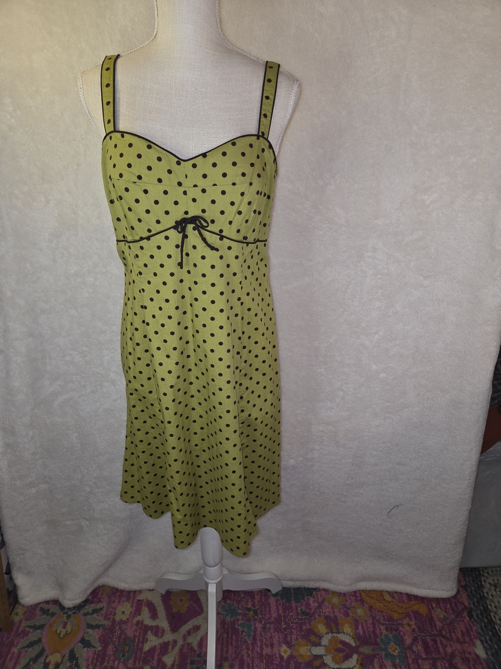 Vtg Y2K Babydoll Green Brown Polka Dot Dress Smocked Back Sz 12 Retro Pin Up